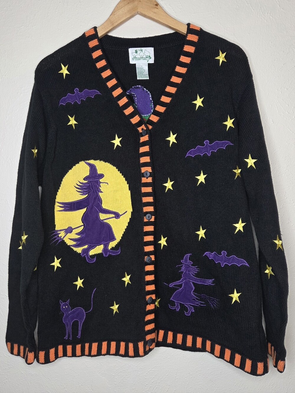Vintage Quacker Factory Halloween Witch Cardigan Velvet Appliqué Embroidered L - Picture 2 of 10
